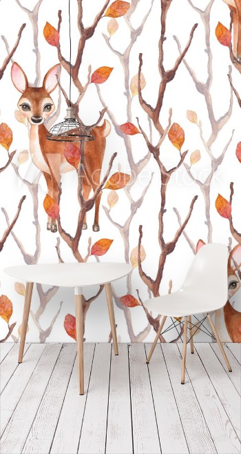 Picture of Watercolor seamless pattern with fawn and autumn forest Hand drawn background 1